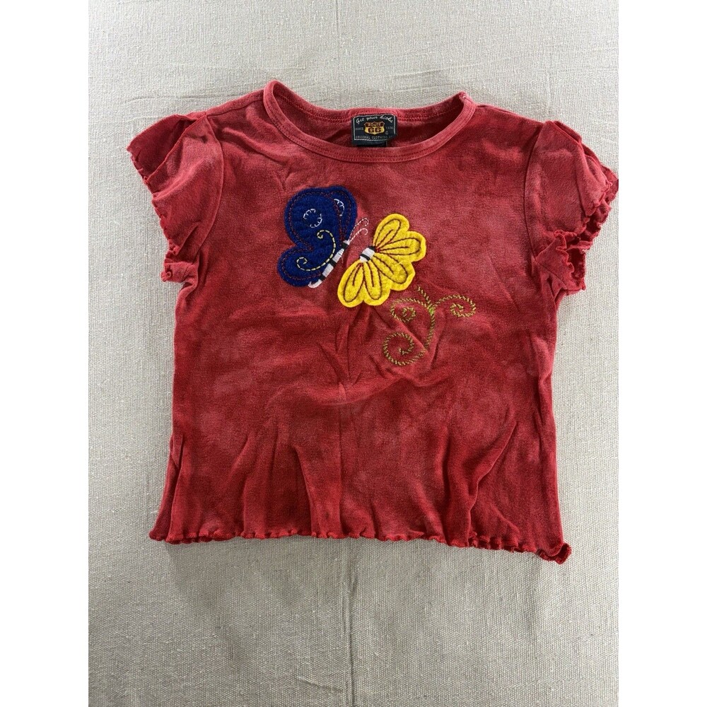 Vintage Route 66 Girls 7/8 Red Velour Baby Tee, Embroidered Butterfly Y2K